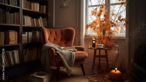 Cozy and boho living room interior with reading armchair and bookshelf 