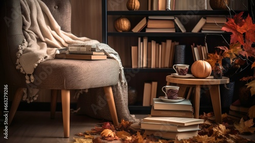 Cozy reading place in the living room with autumn boho decor 