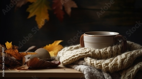 A cup of warm coffee in a knitted style mug, autumn decor 