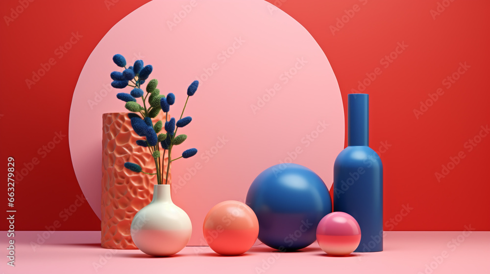 Product mockup background. Abstract vase and bottle shapes of colored transparent glass shapes for product display mockup. Bright color mock up podium background for perfume or cosmetic products - obrazy, fototapety, plakaty 