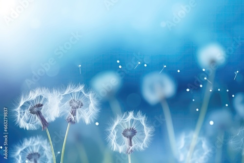 Dandelion Seeds In Dewdrops On Beautiful Blurred Background  With Dandelions Set Against Beautiful Blue Backdrop  Emphasizing The Sparkling Dewdrops On The Dandelion