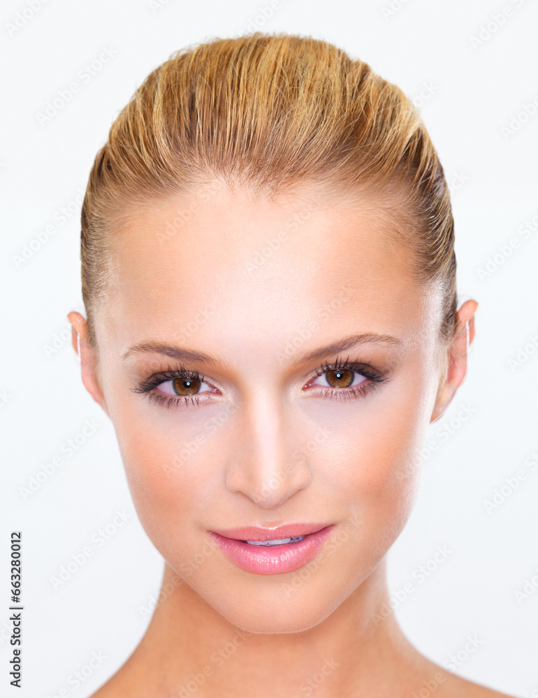 Portrait, skin and makeup with of a woman closeup in studio on a white background for luxury wellness or cosmetics. Face, beauty and skincare with a young model at the salon or spa for a makeover Portrait, skin and makeup with of a woman closeup in studio on a white background for luxury wellness or cosmetics. Face, beauty and skincare with a young model at the salon or spa for a makeover