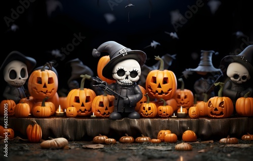 halloween creepy cartoon black skeleton, pumpkin, witch and ghost with skeleton with long scyve