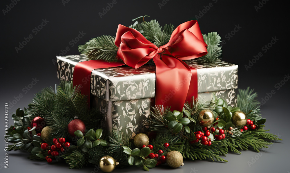 Greeting card, Christmas composition with a gift on a dark background.