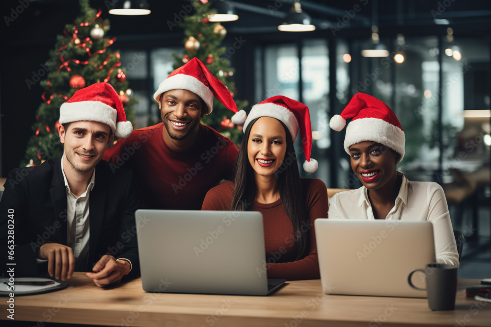 Group of diverse multi ethnic business people wearing Santa hats gathered at office desk. Multi cultural business people celebrating holiday in decorated office. Group of diverse multi ethnic business people wearing Santa hats gathered at office desk. Multi cultural business people celebrating holiday in decorated office.