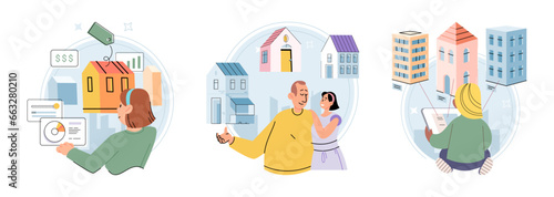 House for sale. Vector illustration People looking for home considered neighborhoods safety, amenities, and community Buying new home required understanding closing process and associated costs