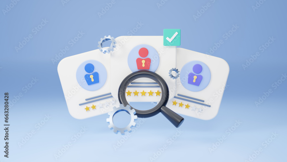 Searching the best candidate, Human resources is searching for a right person for a job position. Magnifier certificate profile correct rating score best employment recruitment agency job.3d rendering