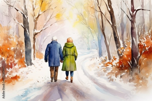 senior couple walk in autumn forest illustration