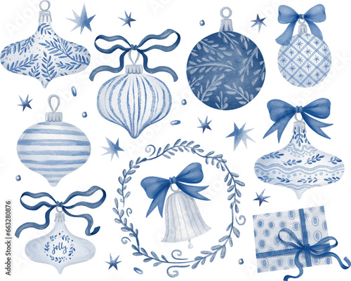 Blue Christmas ornaments, frame and present clipart