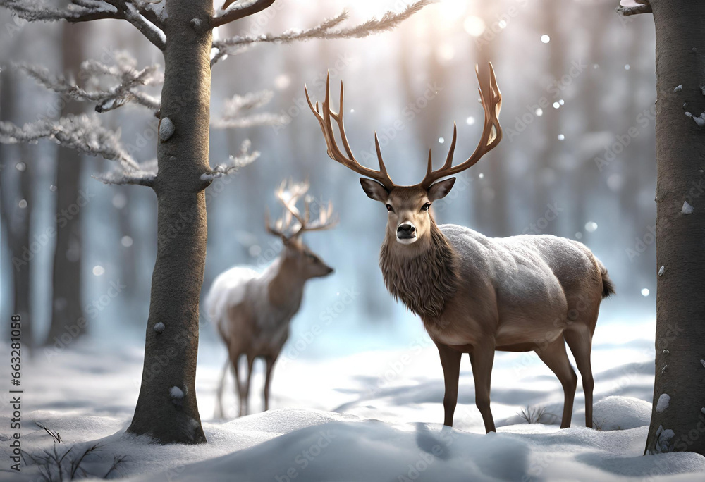 deer - Beautiful 3D illustration of deer in winter forest deer - Beautiful 3D illustration of deer in winter forest