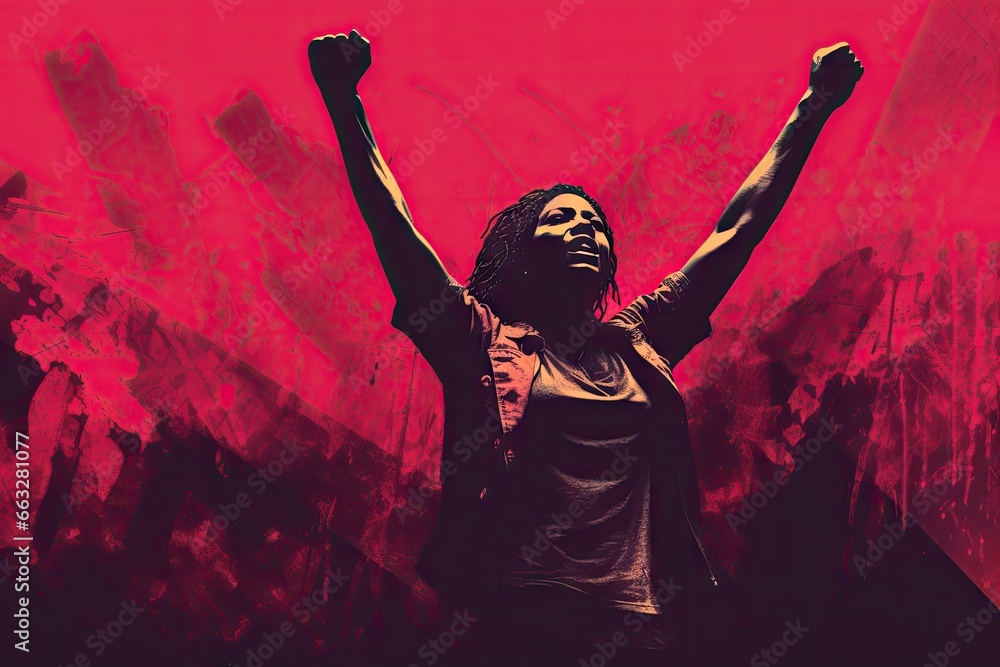 Fist of a young african american woman. Demonstration, revolution, protest raised arm fist. Black lives matter. Stop abuse, discrimination, violence concept. Black women's history month - obrazy, fototapety, plakaty 