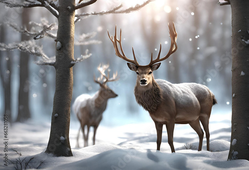 deer - Beautiful 3D illustration of deer in winter forest © HanzProject