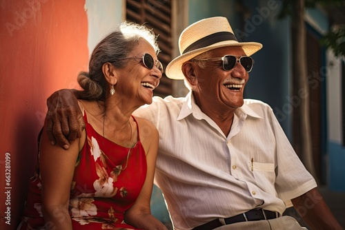 Portrait of happy senior couple sitting on the bench in the street. Elderly hispanic couple. Ai generative