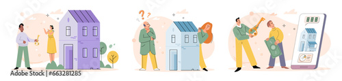 House for sale. Vector illustration The property with mortgage required buyer to budget for additional expenses such as property taxes and insurance People looking for home considered proximity