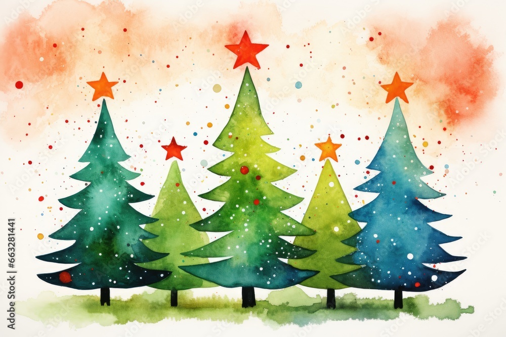 colorful christmas tree forest watercolor drawing