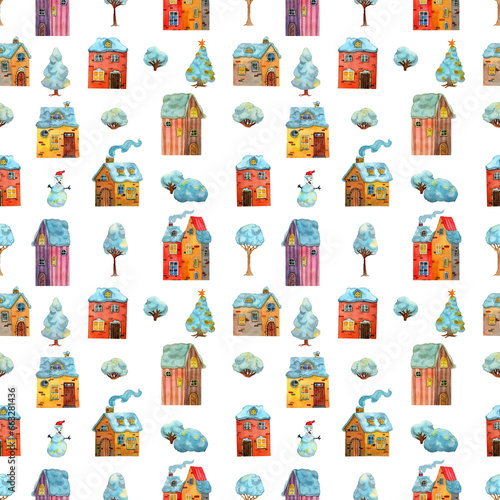 Seamless pattern of watercolor drawn winter medieval houses illustration, European old town street. New Year theme Design for wrapping paper, holyday decor, fabric, kids textile. Cartoon background.