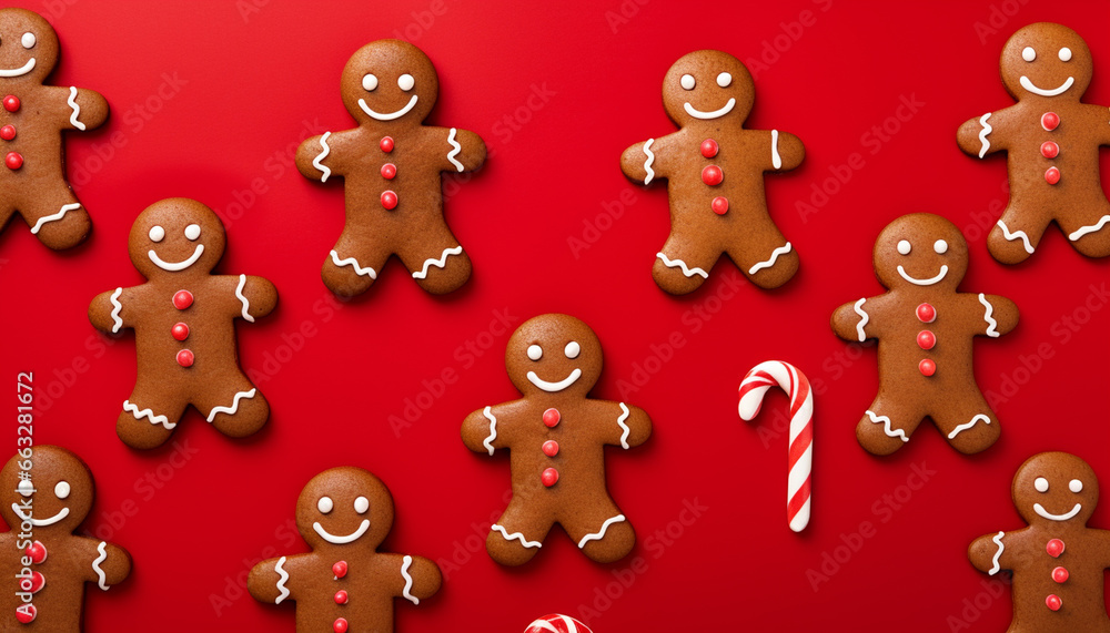 gingerbread with candy cane on red background gingerbread with candy cane on red background