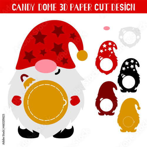 3D Christmas Gnome candy dome holder. Paper cut template. Vector illustration. Cute holiday symbol. Winter decoration. 3D layered Christmas ornament for sweets.