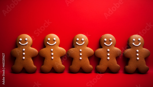 gingerbread man on red background with copy space