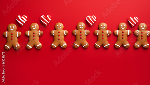 gingerbread with candy cones hearts on red background with empty copy space