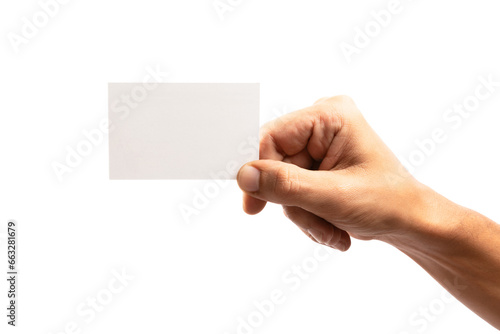 Black male hand holding a blank business card isolated no background cutout