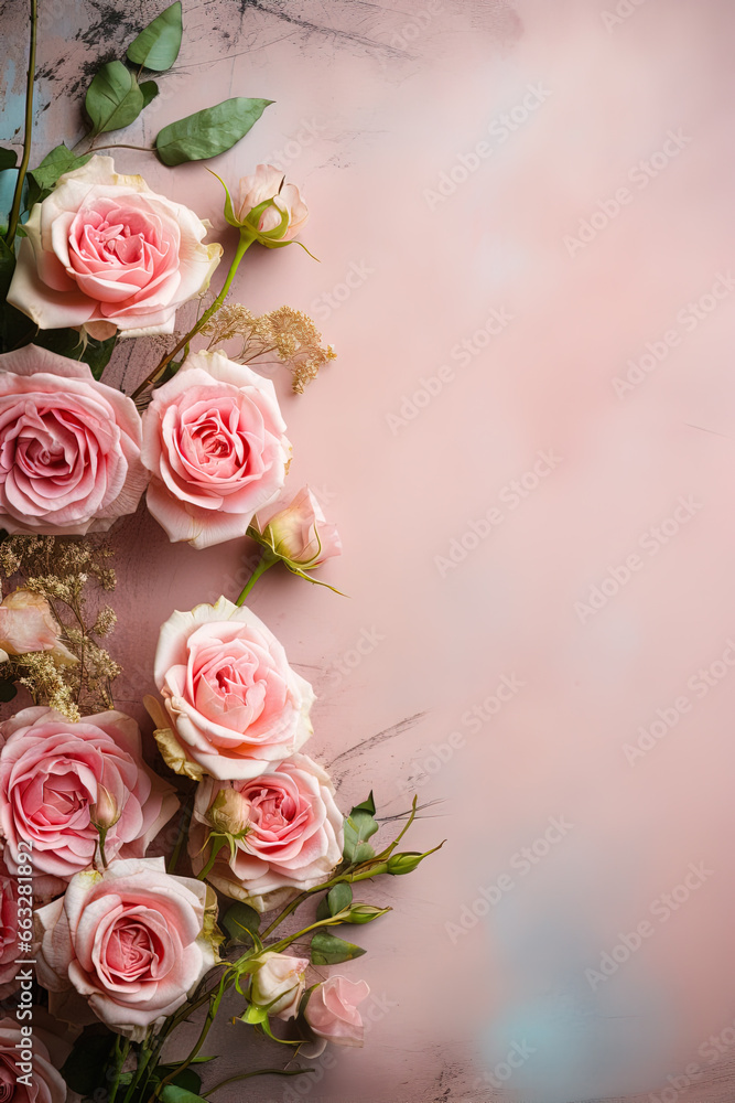 vertical image of pink roses frame on pastel background top view, beautiful floral template with copy space