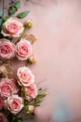 vertical image of pink roses frame on pastel background top view, beautiful floral template with copy space