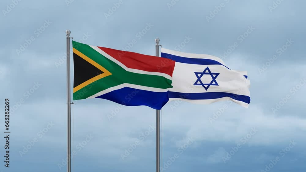 Israel flag and South Africa flag waving together on cloudy sky, endless seamless loop, two country relations concept Israel flag and South Africa flag waving together on cloudy sky, endless seamless loop, two country relations concept