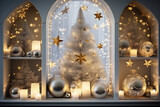 Christmas composition in the living room interior. Beautiful decoration. Christmas trees, candles, stars, light and elegant accessories. Merry Christmas and Happy Holidays concept.