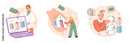 House for sale. Vector illustration People looking for home considered proximity to schools, shopping centers, and transportation Buying new home required home inspection and appraisal Renting