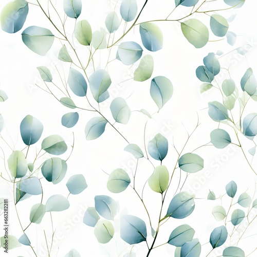 watercolor seamless pattern of delicate green eucalyptus leaves on a white background