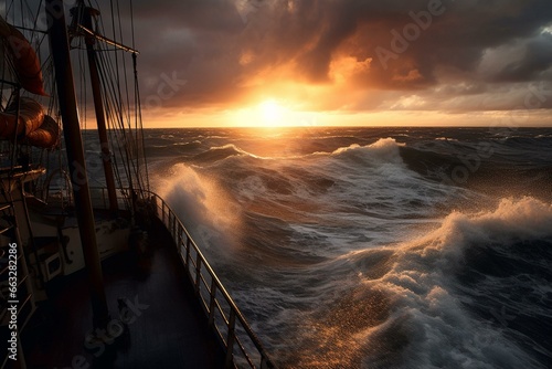 A ship battling rough seas at sunset. Generative AI