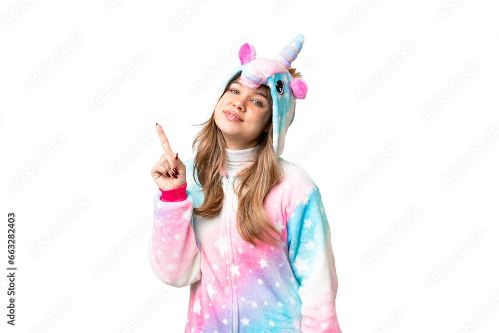 Young girl with unicorn pajamas over isolated chroma key background showing and lifting a finger in sign of the best Young girl with unicorn pajamas over isolated chroma key background showing and lifting a finger in sign of the best