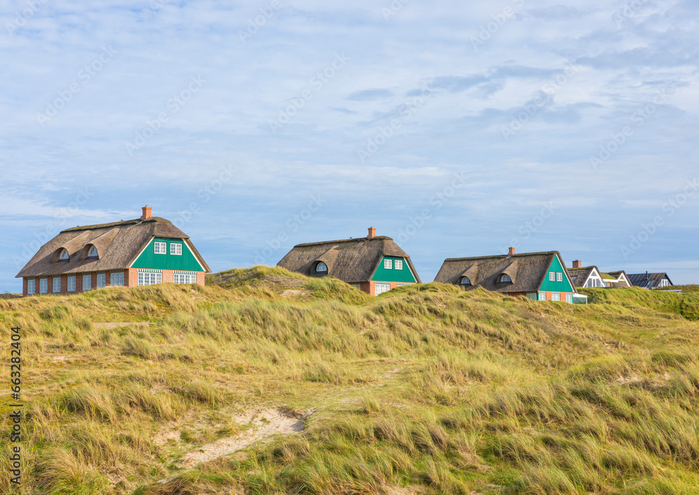 Thatched-roof summer houses in the dunes of Fanø, Denmark