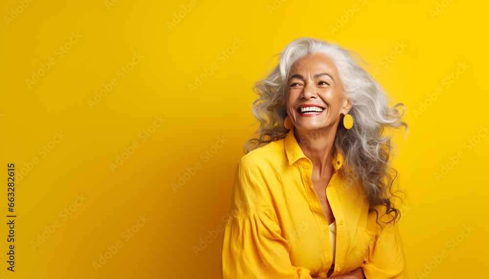 Portrait of a happy smiling beautiful aging mature mixed race woman with smooth healthy face skin and gray hair on bright solid yellow background with empty copy space Portrait of a happy smiling beautiful aging mature mixed race woman with smooth healthy face skin and gray hair on bright solid yellow background with empty copy space