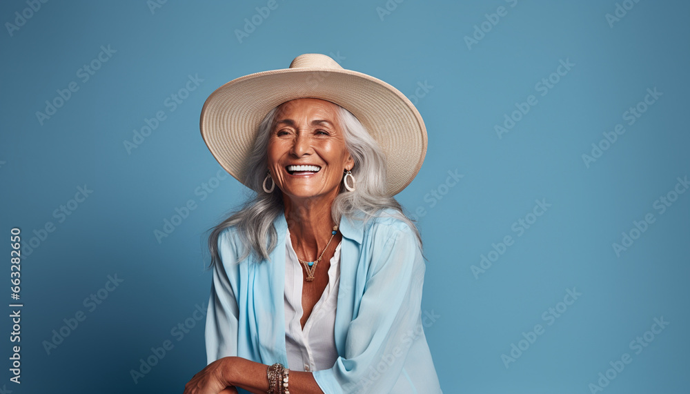 Portrait of a happy smiling beautiful aging mature mixed race woman with smooth healthy face skin and gray hair on bright solid blue background with empty copy space Portrait of a happy smiling beautiful aging mature mixed race woman with smooth healthy face skin and gray hair on bright solid blue background with empty copy space