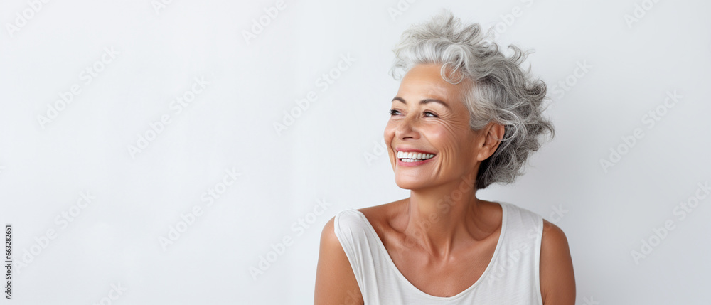 Portrait of a happy smiling beautiful aging mature woman with smooth healthy face skin on white background with empty copy space