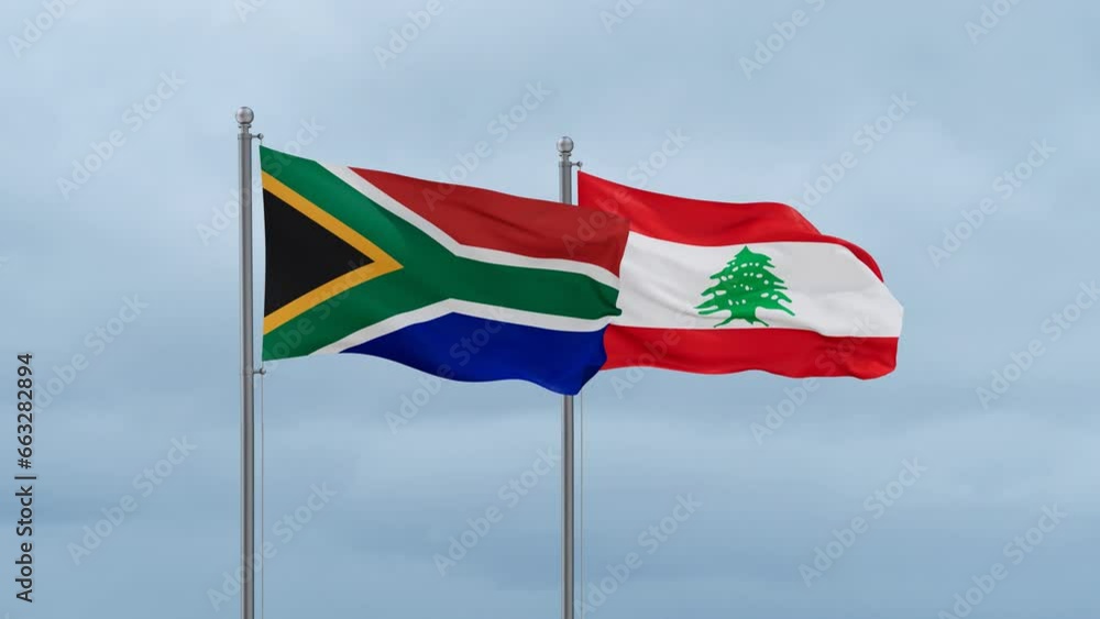 Lebanon flag and South Africa flag waving together on cloudy sky, endless seamless loop, two country relations concept Lebanon flag and South Africa flag waving together on cloudy sky, endless seamless loop, two country relations concept