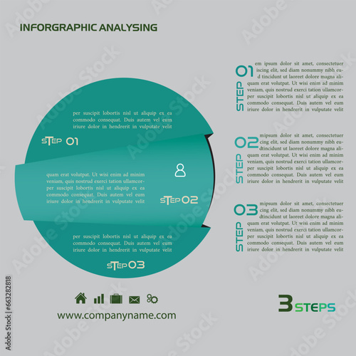 Illustration infographic template with motif of circle vertically divided to three green standalone sections. Blurred photo with financial motif with charts, coins and calculator is used as background