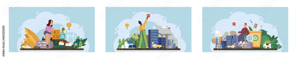 Climate change. Save the planet. Vector illustration Earth pollution harms biodiversity and ecological balance Choose renewable resources to reduce your carbon footprint and fight climate change Climate change. Save the planet. Vector illustration Earth pollution harms biodiversity and ecological balance Choose renewable resources to reduce your carbon footprint and fight climate change