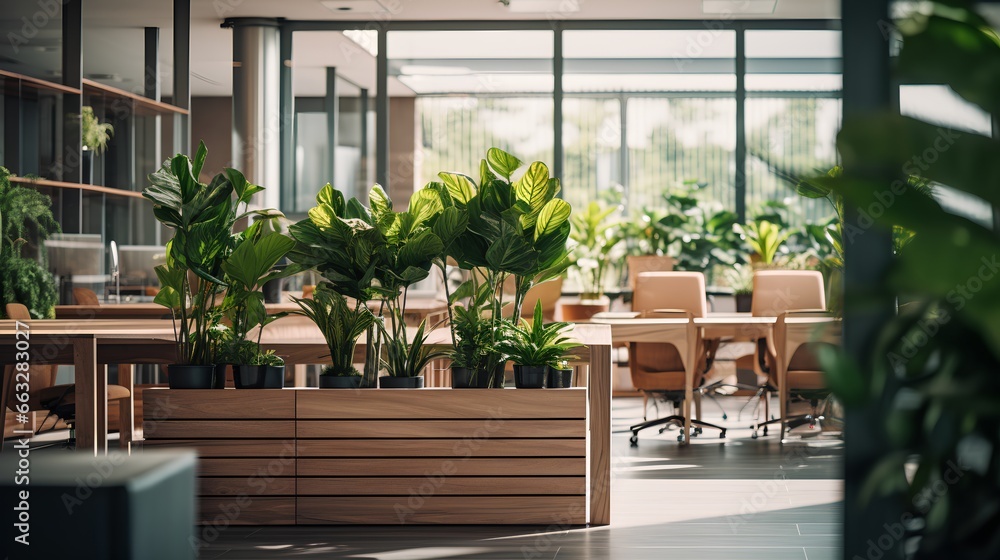 Modern office space with wooden furniture and plants in pots. Innovative startup company with green, ecofriendly environment with lush vegetation in workplace. Productive and healthy work place. Modern office space with wooden furniture and plants in pots. Innovative startup company with green, ecofriendly environment with lush vegetation in workplace. Productive and healthy work place.