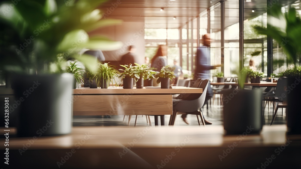 Modern office space with wooden furniture and plants in pots. Innovative startup company with green, ecofriendly environment with lush vegetation in workplace. Productive and healthy work place. Modern office space with wooden furniture and plants in pots. Innovative startup company with green, ecofriendly environment with lush vegetation in workplace. Productive and healthy work place.