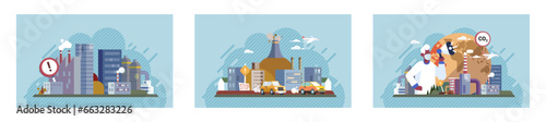 Industrial pollution. Dirty waste. Environmental pollution. Vector illustration. Industrial pollution is leading to air, water, and soil contamination Factory emitting smoke is common sight