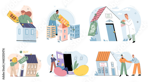 Buying and choosing housing. Vector illustration The apartment was available for rent The sale property was finalized The buyer decided to invest in real estate The purchase house was wise investment