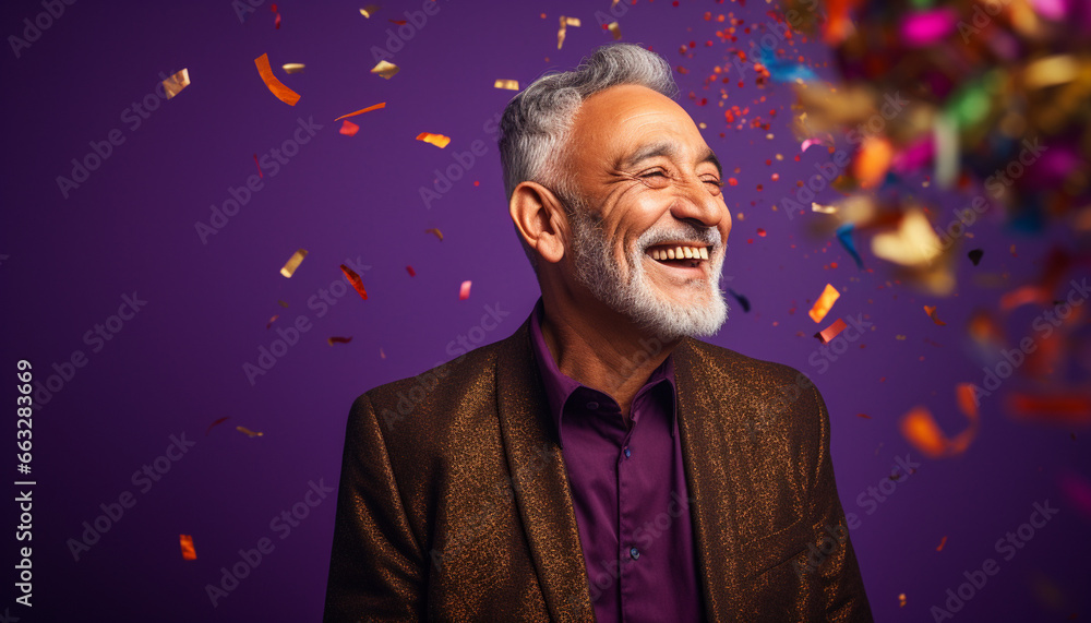 happy smiling portrait of a handsome mixed race senior man celebrating with confetti - obrazy, fototapety, plakaty 
