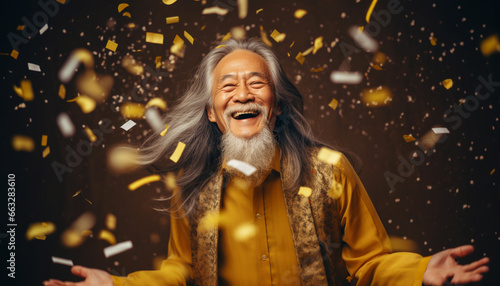 happy smiling portrait of a handsome mixed race senior man celebrating with confetti