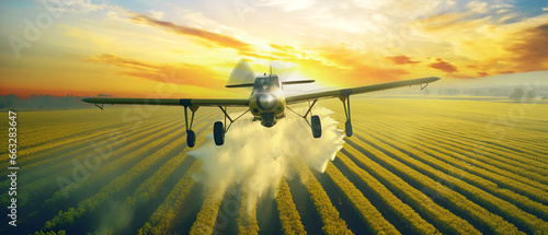 An overhead view of a crop duster spraying agricultural chemicals on a farm field.