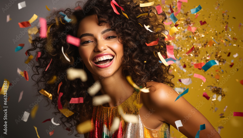 Obraz premium happy smiling portrait of a woman on yellow background, celebration with confetti