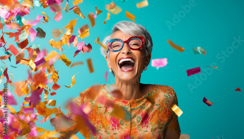 happy smiling portrait of an old woman with colorful confetti