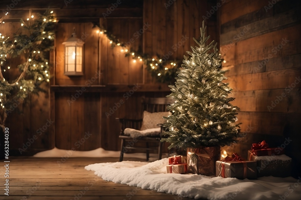 Shining Christmas tree with presents in front of a wooden house decorated for Christmas Shining Christmas tree with presents in front of a wooden house decorated for Christmas
